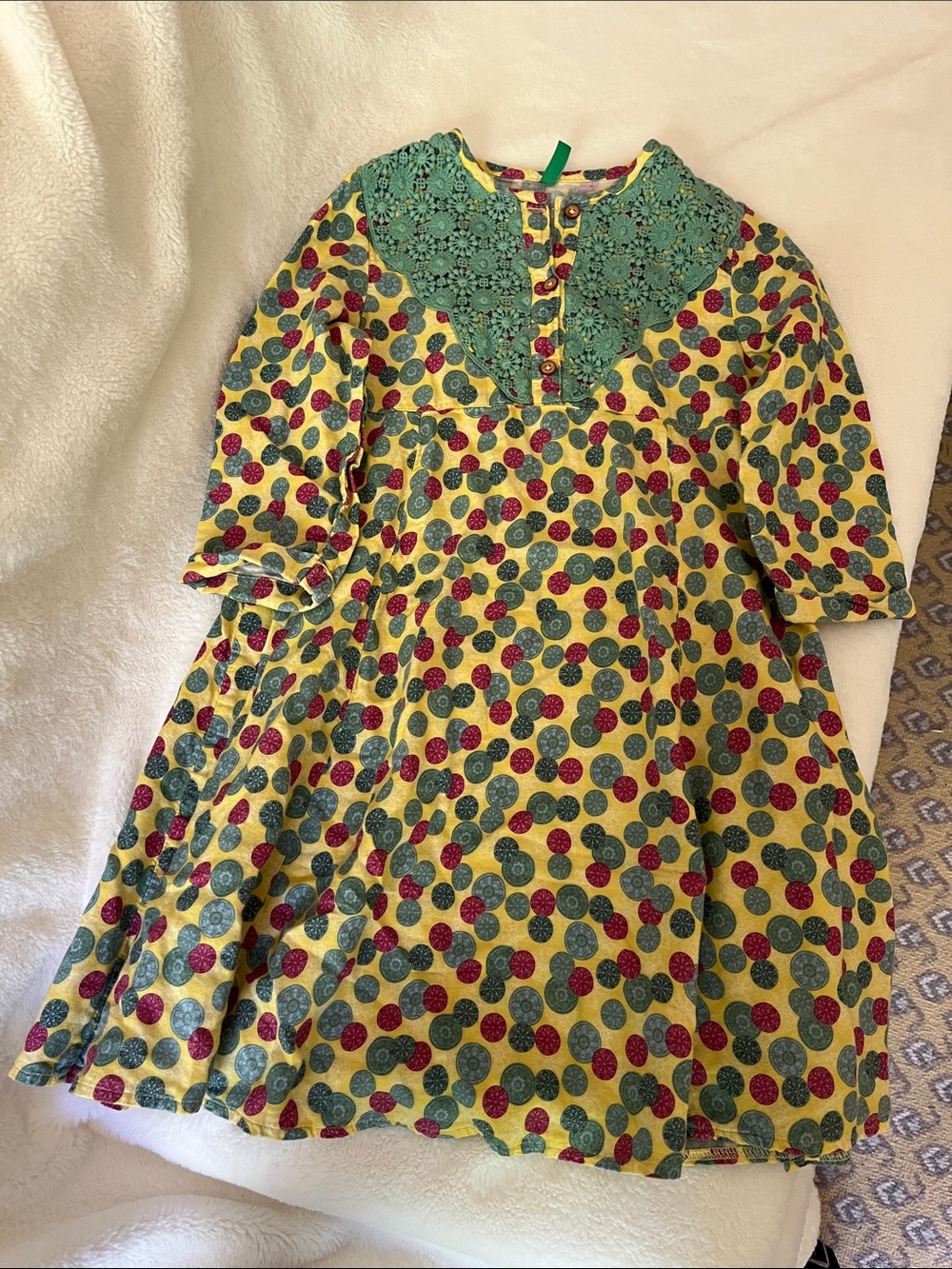 Girls' Yellow Polka Dot Dress with Green Crochet Yoke